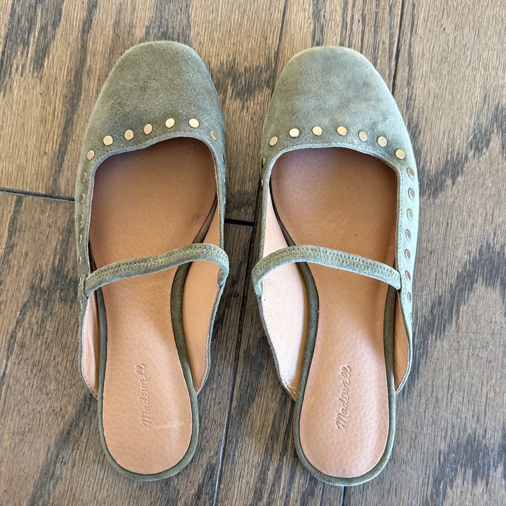 Madewell Olive Green Suede Studded Mary Jane Mules